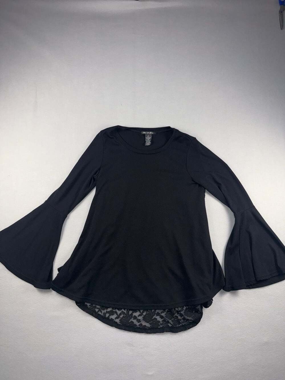 Olivia & Grace Top Size S Black Long Bell Sleeve Lace Trim Tunic Blouse